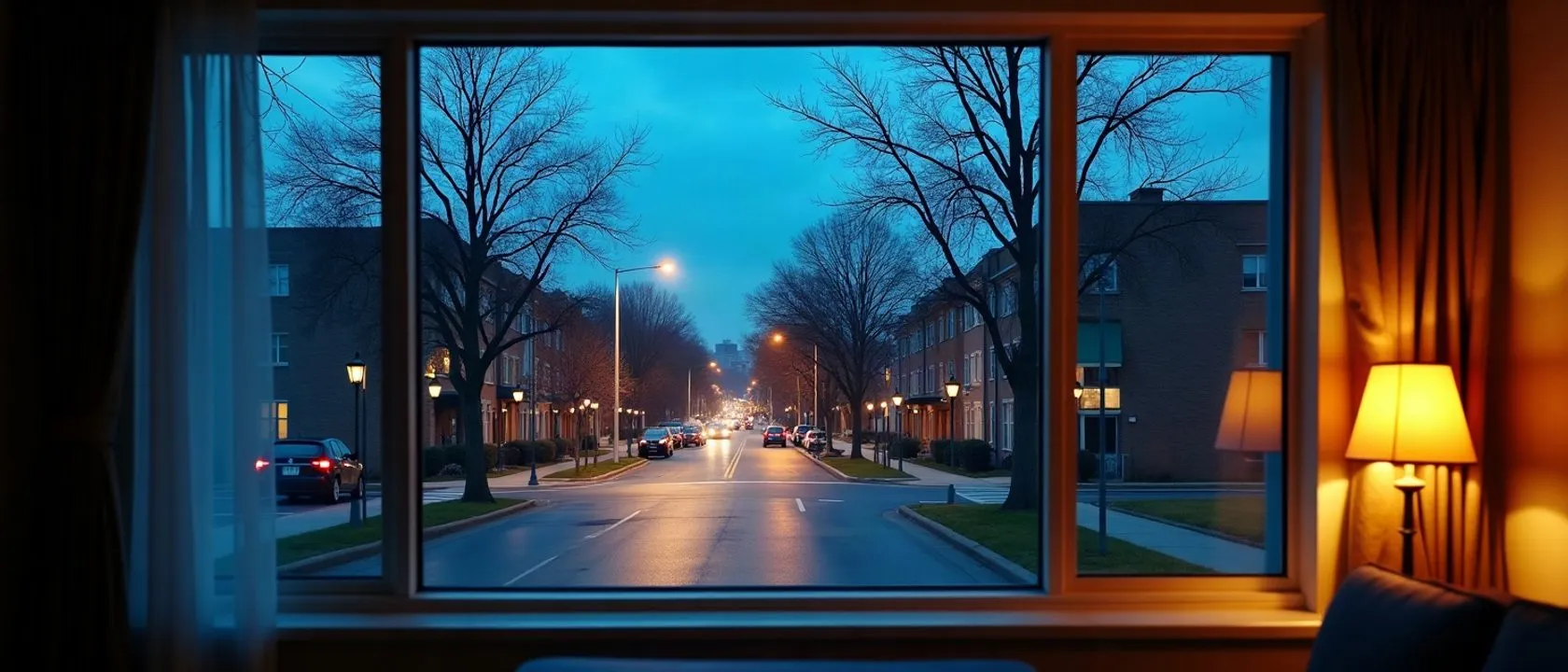 A North York office window at blue hour