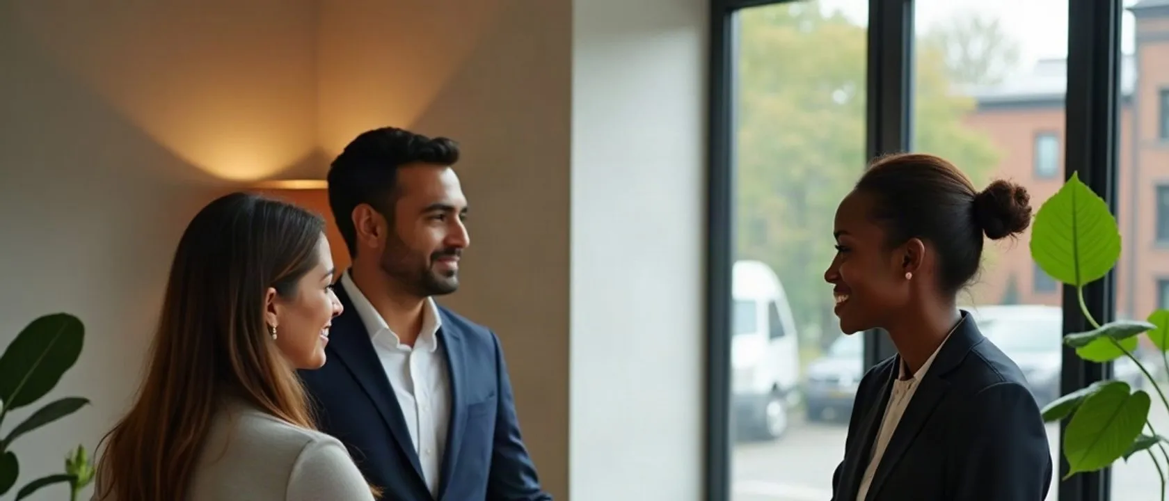 A lawyer and a couple standing by a meeting table at the close of a consultation