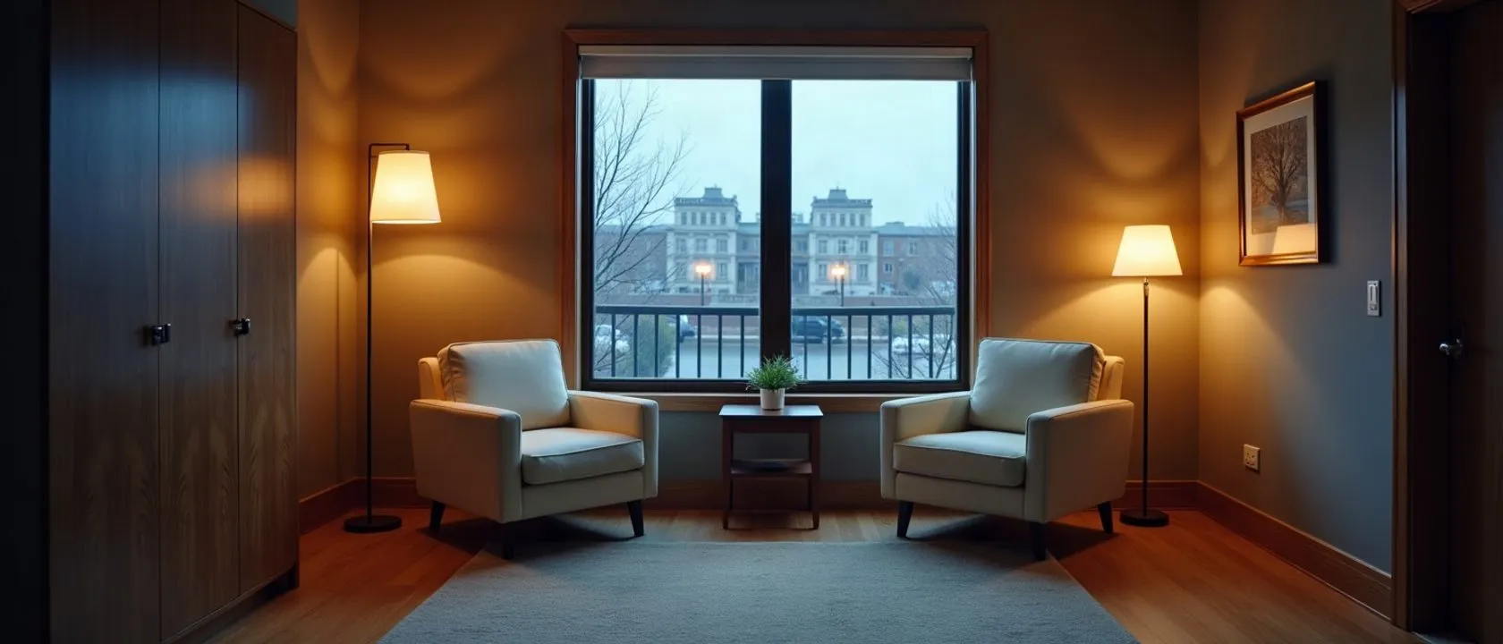 An empty consultation room at dusk, with two chairs and a warm floor lamp