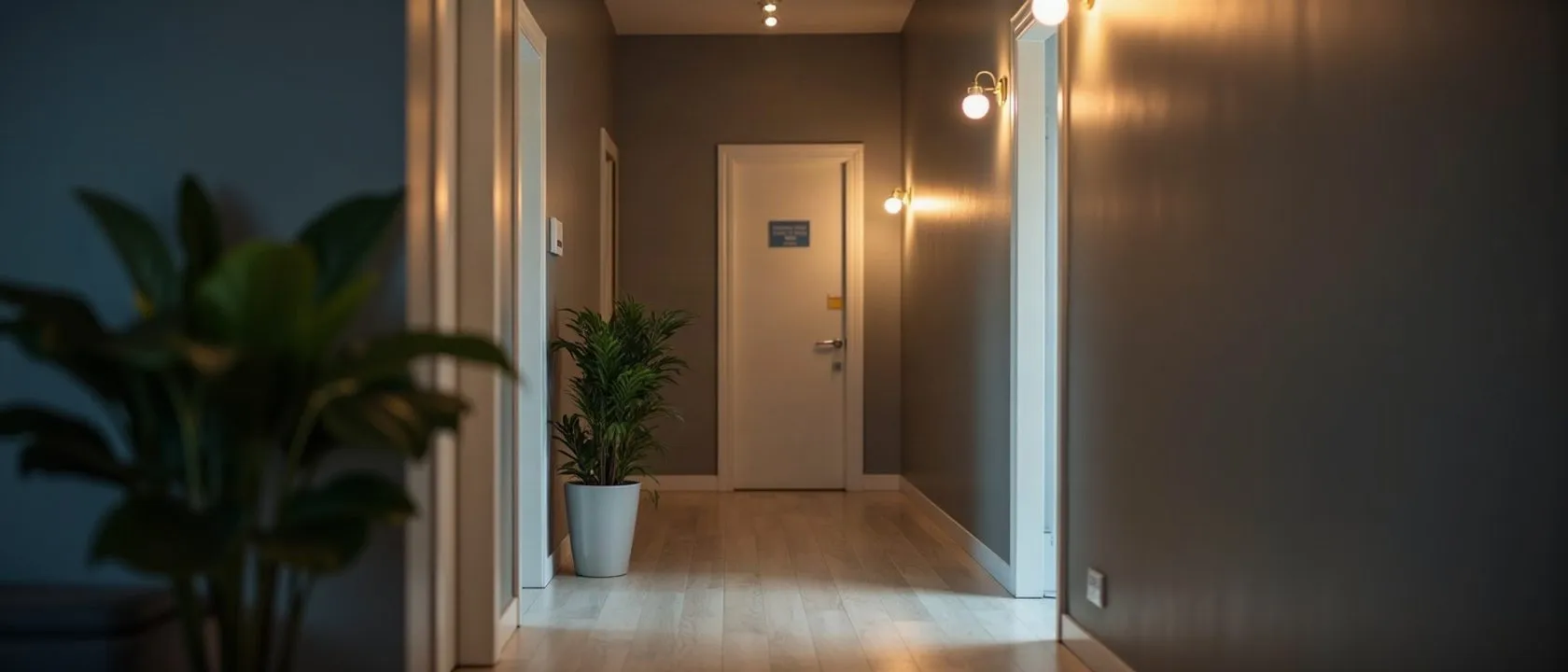A quiet office corridor leading to a softly lit consultation room