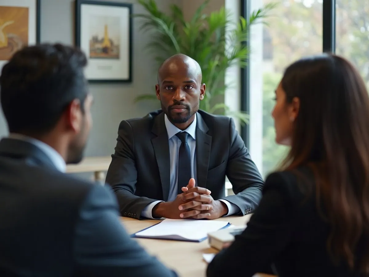 A fictional Black male lawyer in his early forties listening to a South Asian couple during a private consultation in a contemporary North York professional office, with relaxed hands and a closed unmarked folder on the table