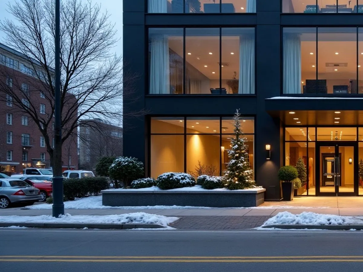 The exterior approach to a modern mid-rise professional building in North York at early evening, with winter-hardy planting at the left edge and warm lobby light at the right, no visible business identity