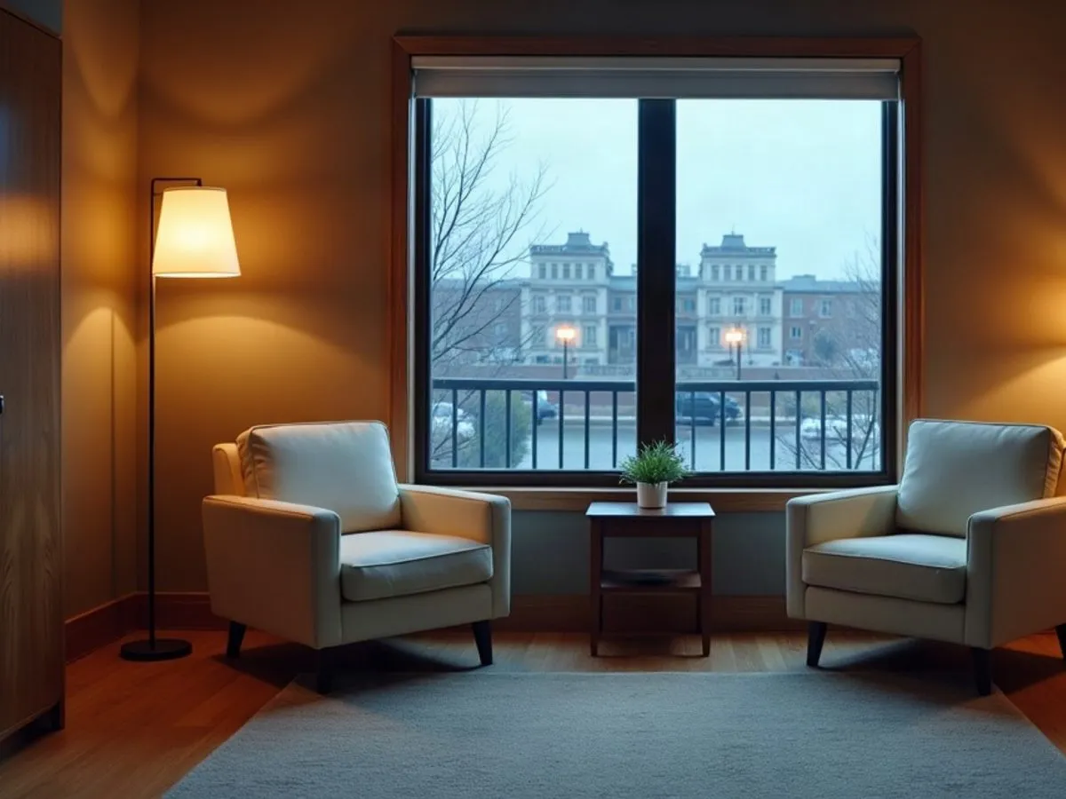 Unoccupied private consultation room at blue hour